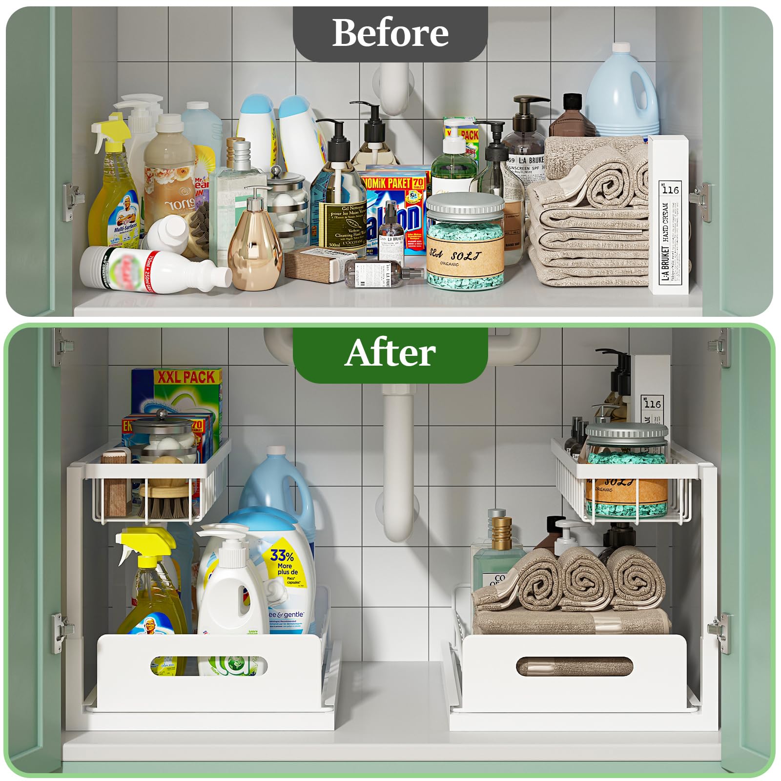 Organizador debajo del fregadero, almacenamiento para cocina y baño, blanco - 3