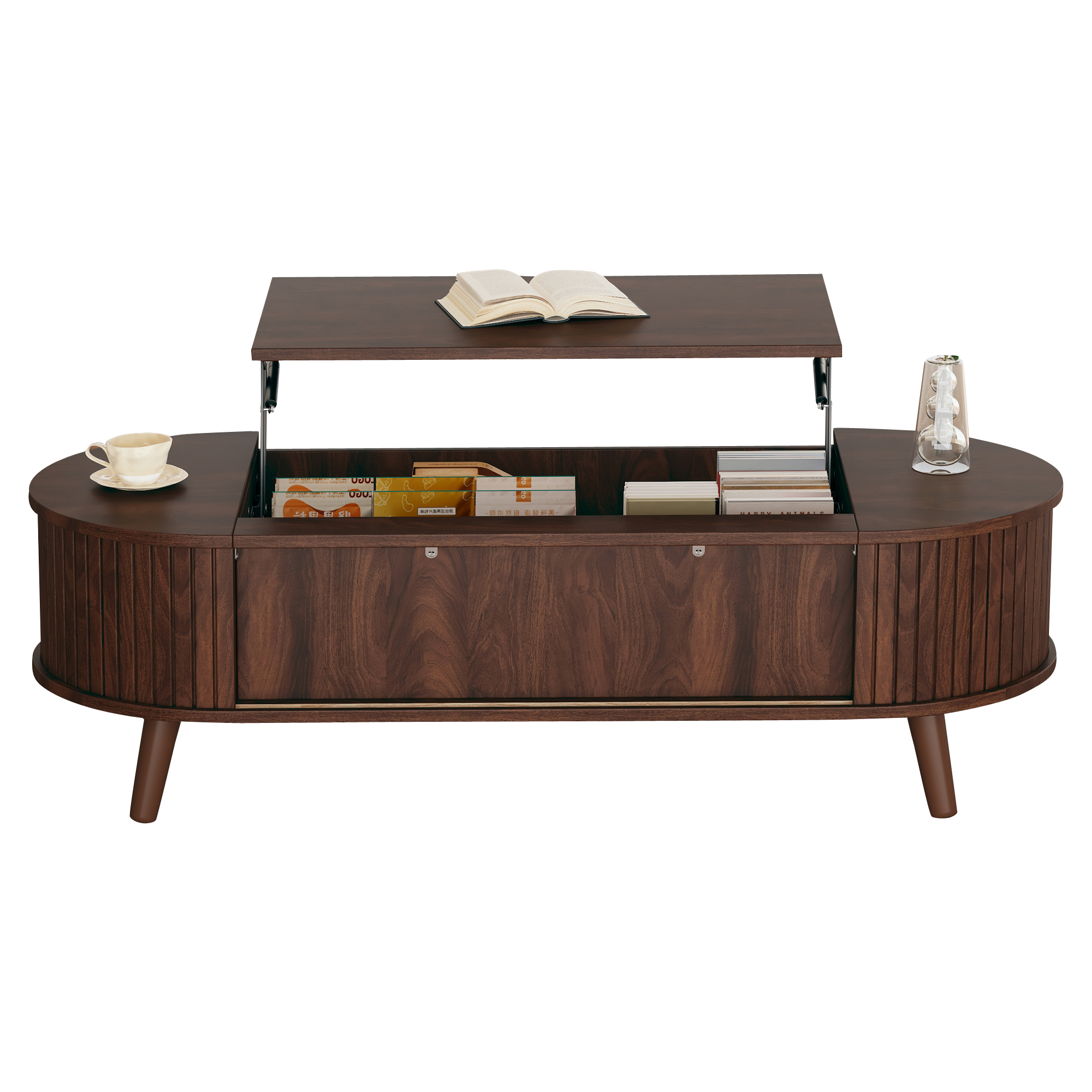 Podnoszony stolik kawowy z 4 otwartymi wnękami - 120 x 50 x 39,5 cm - MDF - do salonu - orzech - 8