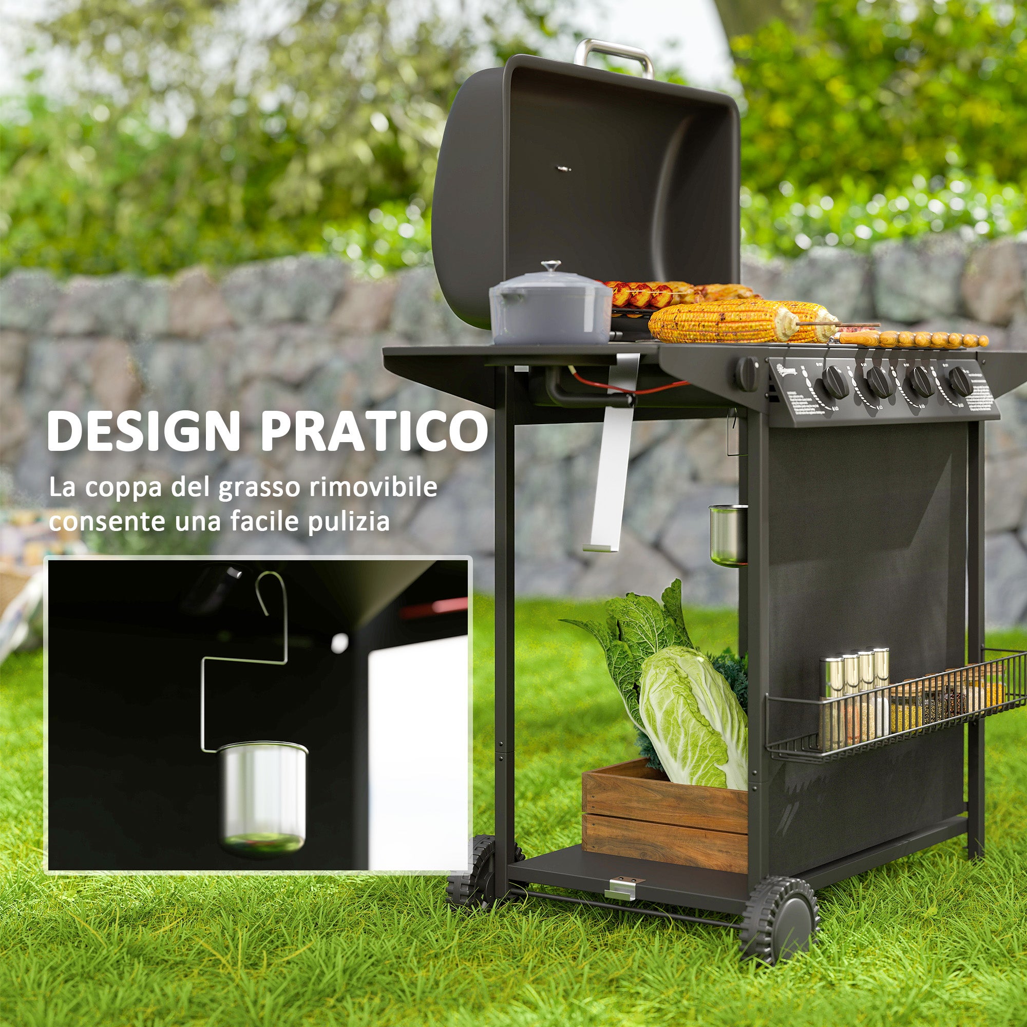 Outsunny Barbecue a Gas con 4+1 Bruciatori Indipendenti e Coperchio con Termometro, 121x54x97 cm, Nero - 7