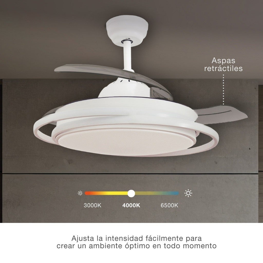 Ventilador de techo con luz de aspas retráctiles Ø107cm blanco Motor DC - 2