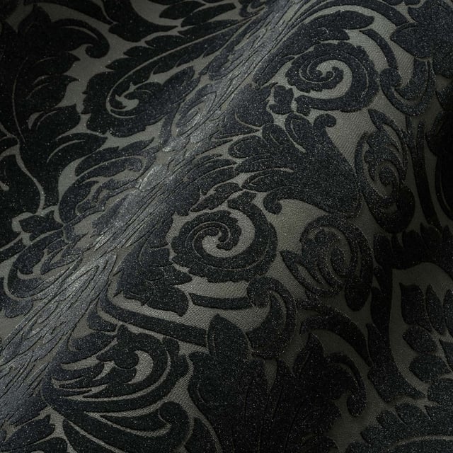 Papier peint à motif baroque idéal pour chambre Tapisserie imitation velours noire et grise Papier peint élégant pour bureau