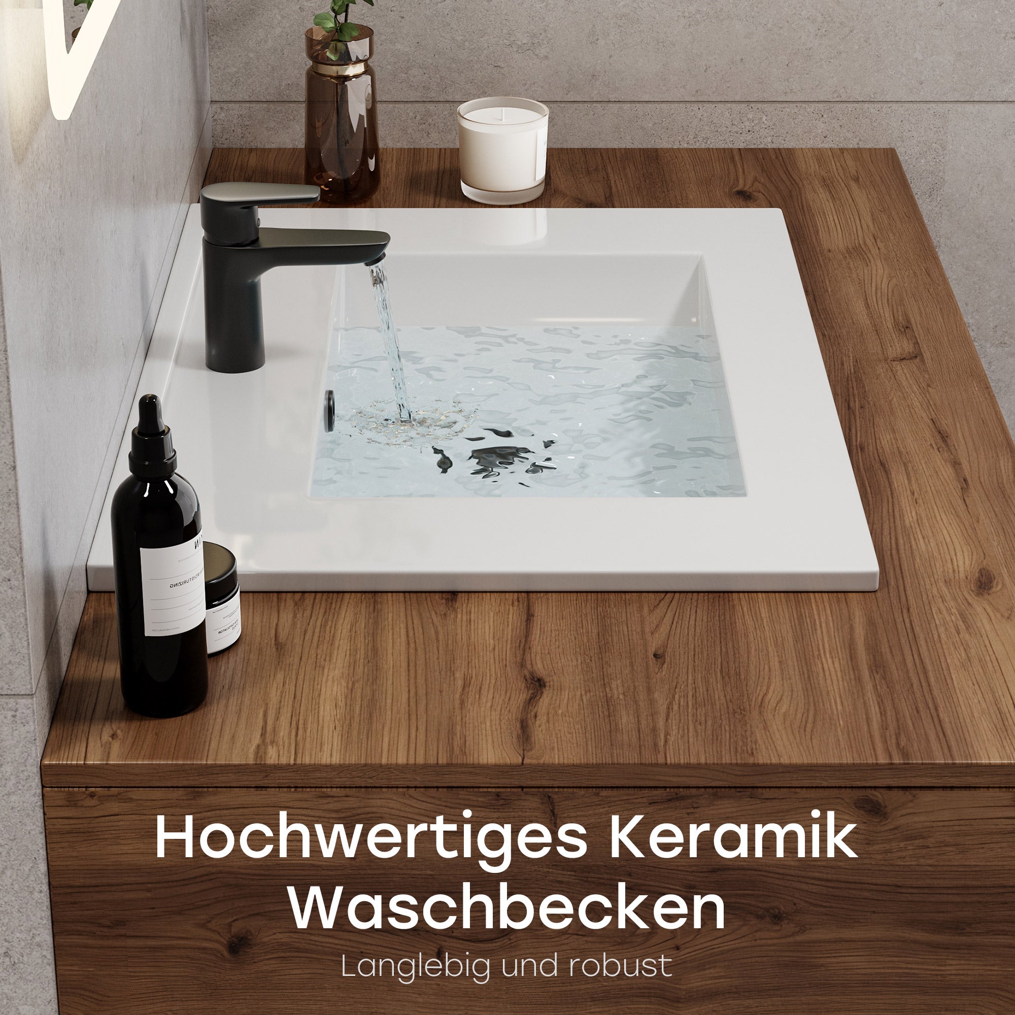 HOROW Lavabo rettangolare da incasso in ceramica, largo 60 cm, per mobile base, con troppopieno, ideale per bagni ospiti e piccoli bagni - 4