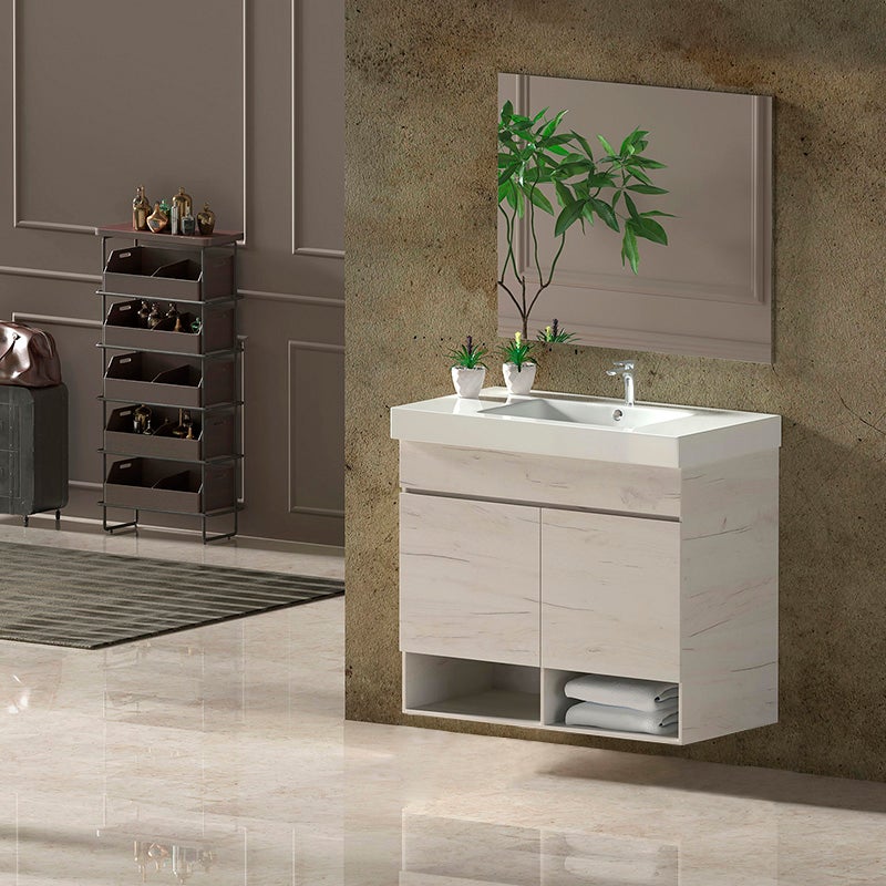 Conjunto de baño nebari incluye mueble, lavabo y espejo se envía montado blanco nórdico 100x40cm con cajón