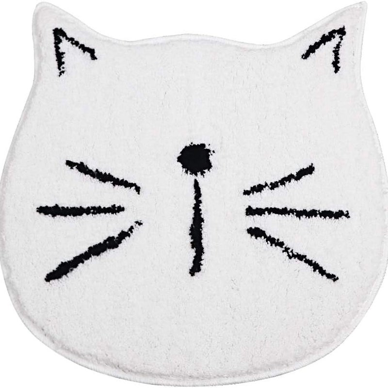 Biała mata łazienkowa ze wzorem kota, chłonna, antypoślizgowa i miękka, idealna do wejścia do salonu.