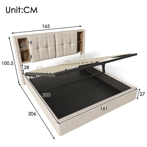 Lit coffre Lit double lit 160x200cm lit rembourré ,avec chargement sans fil USB C, sommier à lattes en bois, lin ,Beige - 4