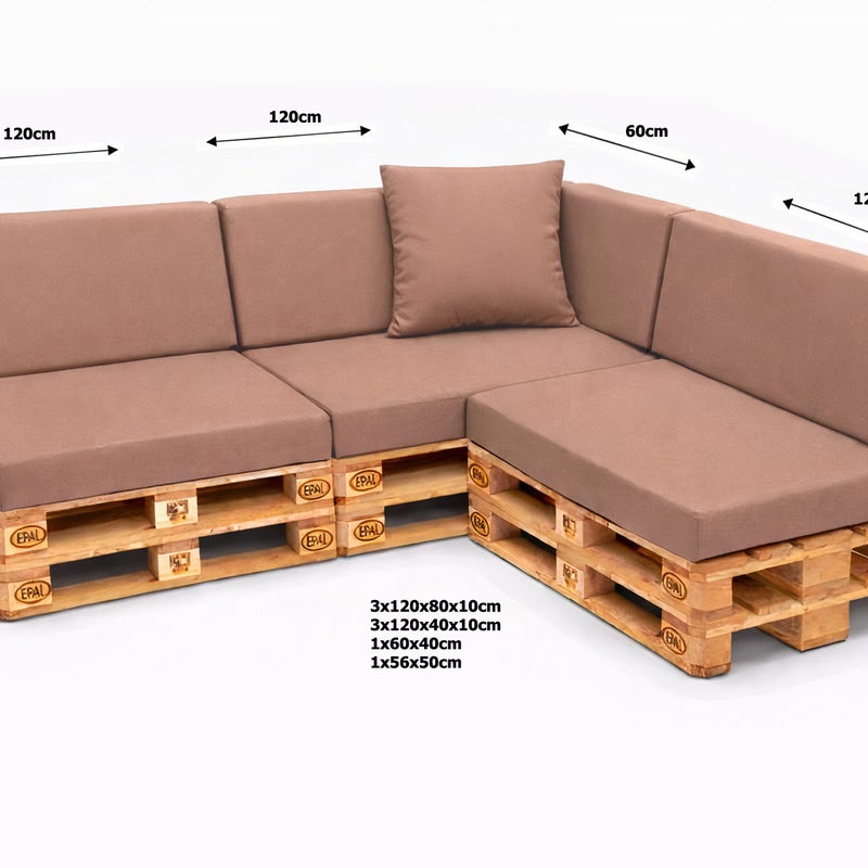 Zestaw 8 poduszek na palety ogrodowe 120×80×10 cm – siedzisko i oparcie 120×40×10 cm, poduszki na meble ogrdowe, beżowe