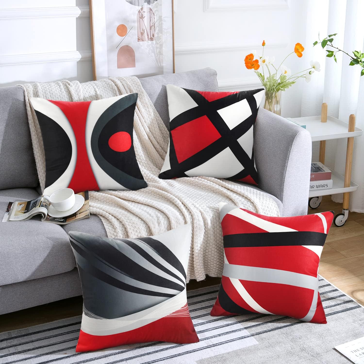 4 Pièces 45x45cm Housse de Coussin Géométrique Moderne Coussin Rouge Noir Gris Coussin Canapé Decoratif Irrégulier Rayures Taie d'oreiller Double - 5