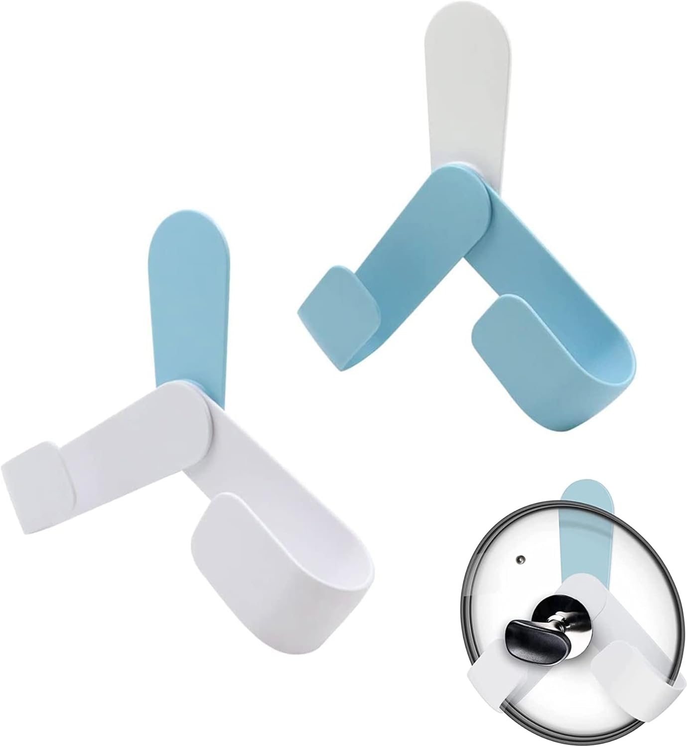 Zestaw 2 obrotowych i regulowanych uchwytów na pokrywki do garnków i patelni. Składany, samoprzylepny uchwyt ścienny na pokrywki.