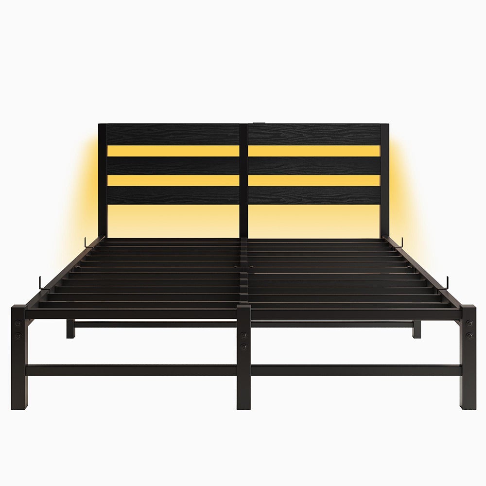 Łóżko dla dorosłych z oświetleniem LED i stacją ładującą USB, metalowa konstrukcja, materac nie wchodzi w skład zestawu, kolor czarny – 140 x 190 cm - 5