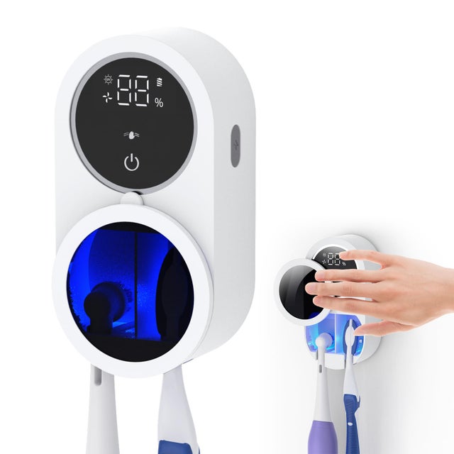 Support Brosse à Dents Mural avec Stérilisateur UV-C et UV-A,Séchage Automatique,Batterie Longue Durée 50 Jours