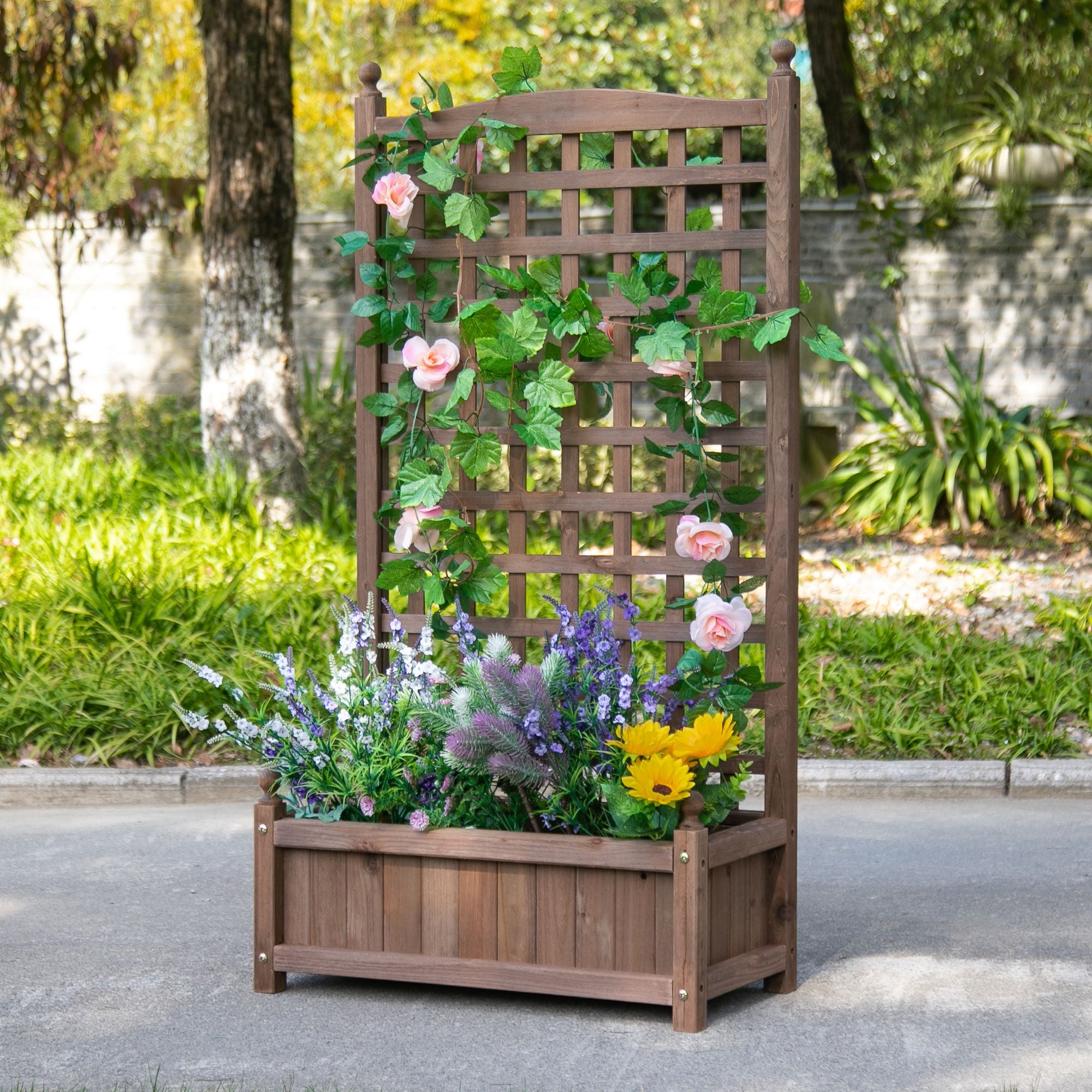Jardinière avec Treillis - bac à Fleurs - jardinière sur Pied - dim. 64L x 28l x 120H cm Inserts d'irrigation Inclus Bois Sapin traité - 2