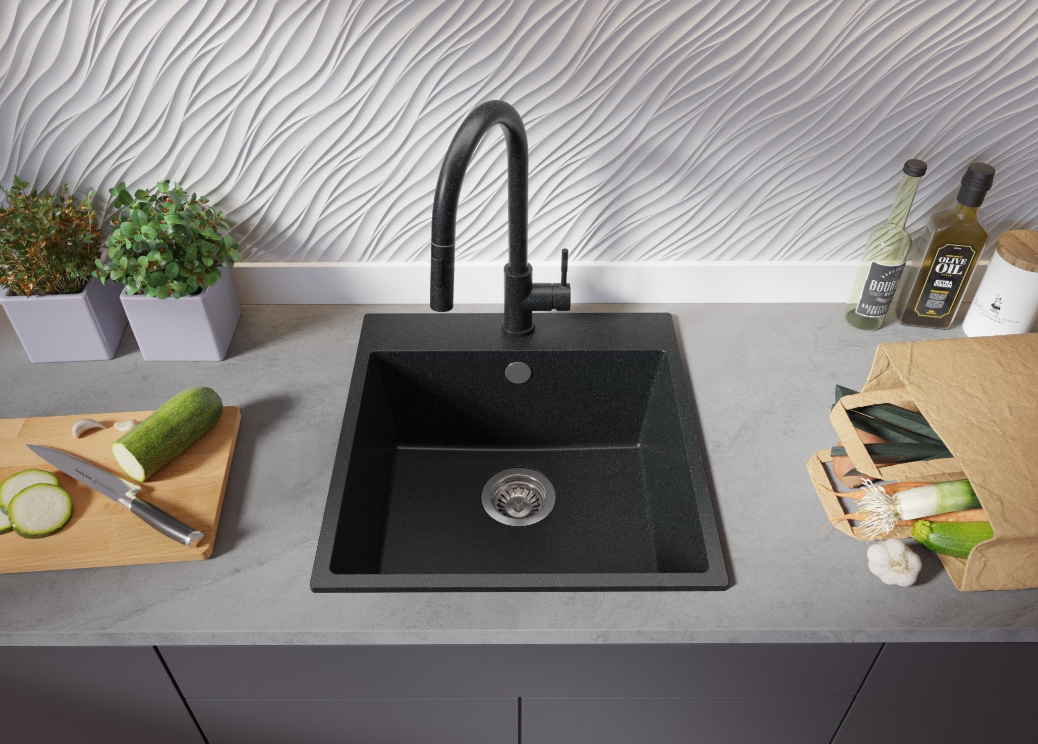Evier Cuisine en Granit Graphite 48x50cm, Lavabo 1 bac + Kit de Vidage, Évier à Encastrer au meuble 50cm - Riga PRIMAGRAN - 3