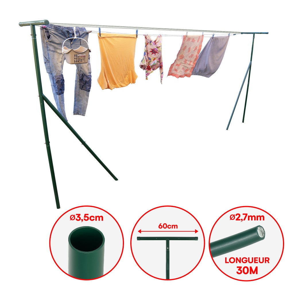 Etendoir à linge extérieur de jardin - longueur max 6m entre poteaux - Acier laqué - 30m de câbles acier - 4 tendeur - Ht 2m14 - 2