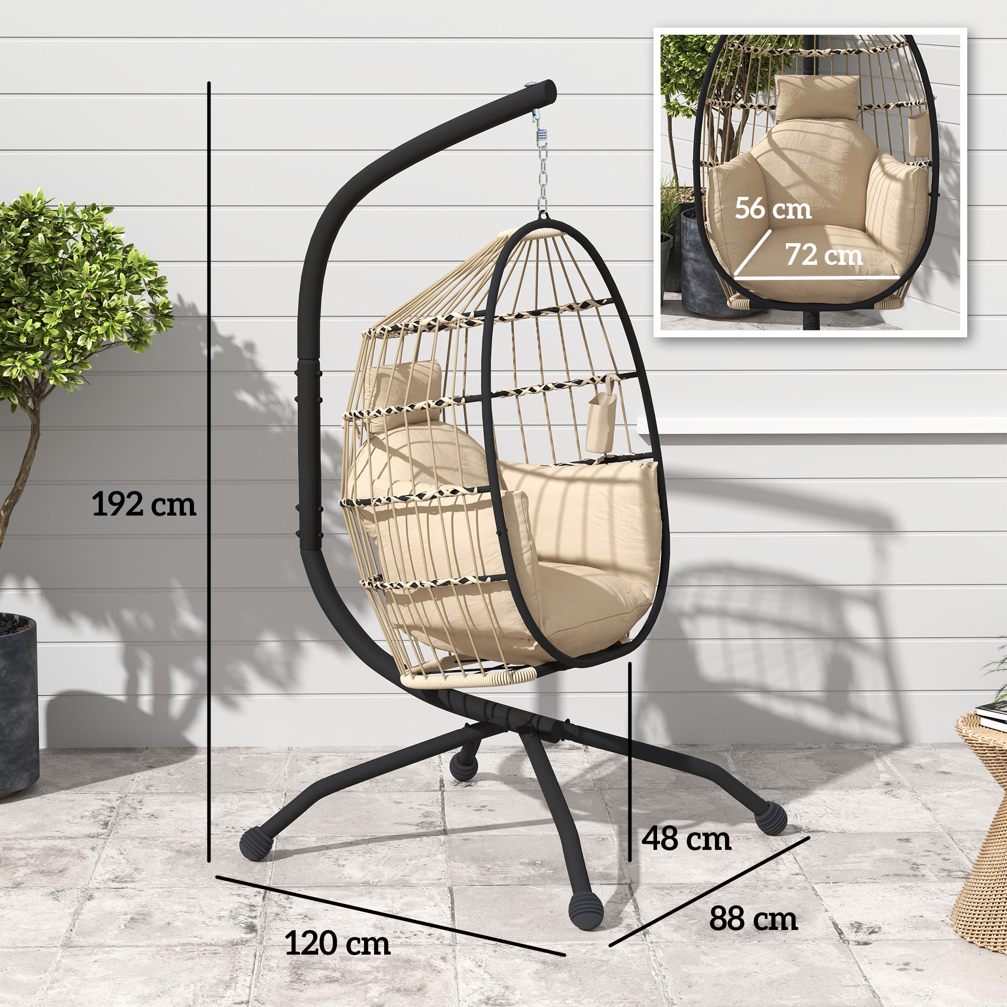 Fauteuil suspendu en forme d’œuf avec crochet réglable, 2 coussins et panier pliant, 120x88x192 cm, kaki - 5