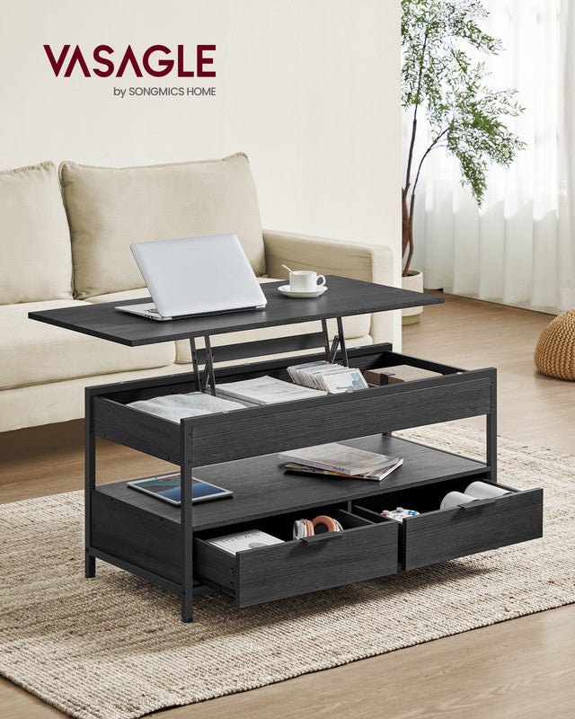 Table de Salon avec Plateau Relevable, avec Rangement Ouvert et Compartiment Caché, Gris Anthracite et Noir d’Encre - 2