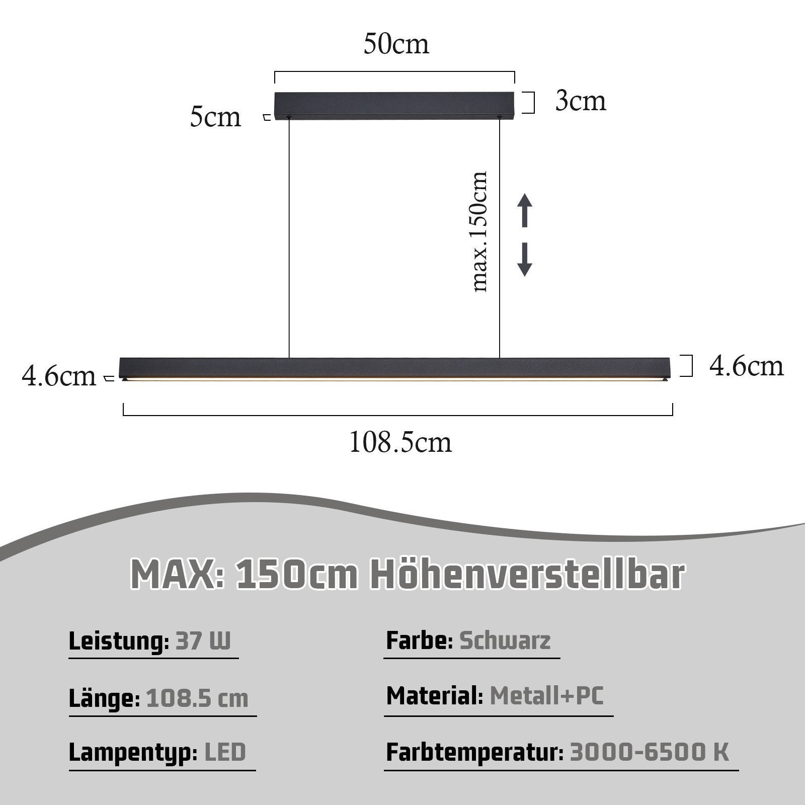 NETTLIFE Lampa wisząca LED Jadalnia Czarna Liniowa Ściemnialna z Pilotem 108CM 37W Nowoczesna CCT - 4