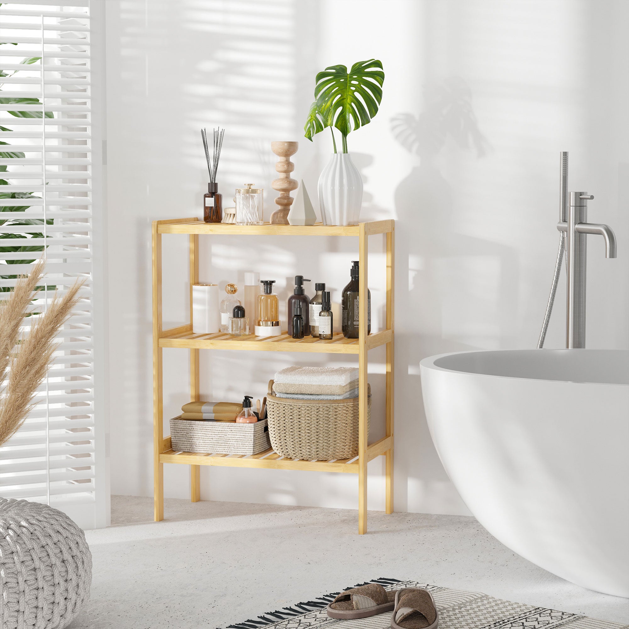 Étagère en bambou à 3 niveaux - étagère pour pots de fleurs, cuisine - étagères à lattes - dimensions&nbsp;: 62&nbsp;cm (L) x 33&nbsp;cm (l) x 80&nbsp;cm (H) - 6