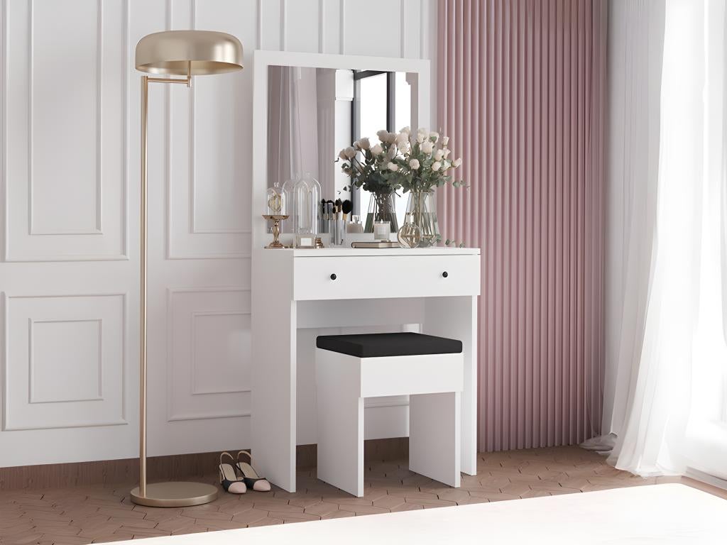 Toeletta Con Specchio E 5 Cassetti PREMTURE - Mobile Trucco Bianco Con Sgabello, 80x40x135 Cm, In MDF Per Camera Da Letto - Foto 4