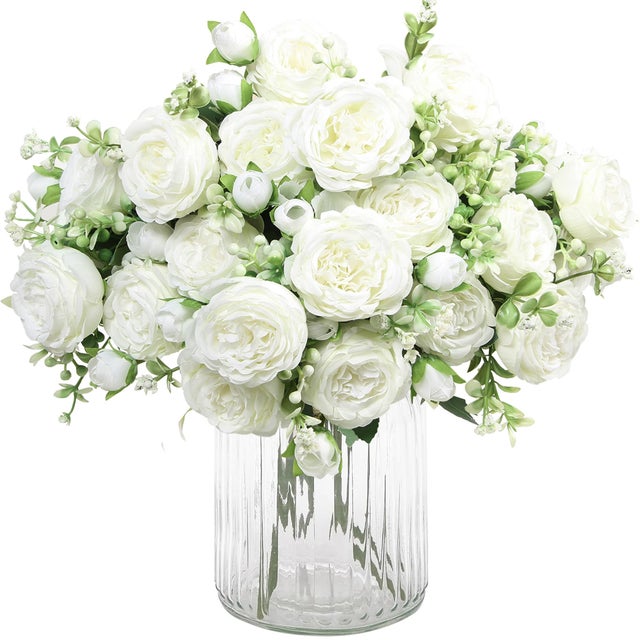 2 Bouquets Fleurs artificielles en Soie Pivoine Artificielle Fausse Fleur pour Mariage Parti Accueil Cuisine Décor, Blanc