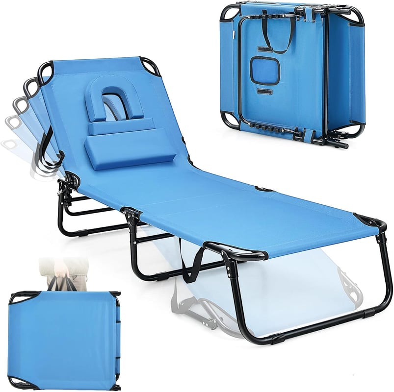 Leżak Ogrodowy/Składany Leżak z 5-stopniową Regulacją i Otworem na Twarz, 3 Zdejmowane Poduszki, Nośność 160 kg, 194 x 63 x 30 cm