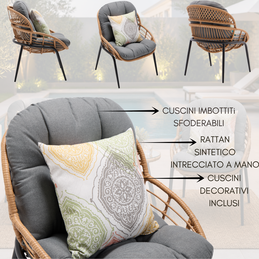 Ensemble de jardin en rotin pour balcon, comprenant 2 fauteuils et une table basse, structure en acier peint, coussins inclus, mobilier d'extérieur - 4