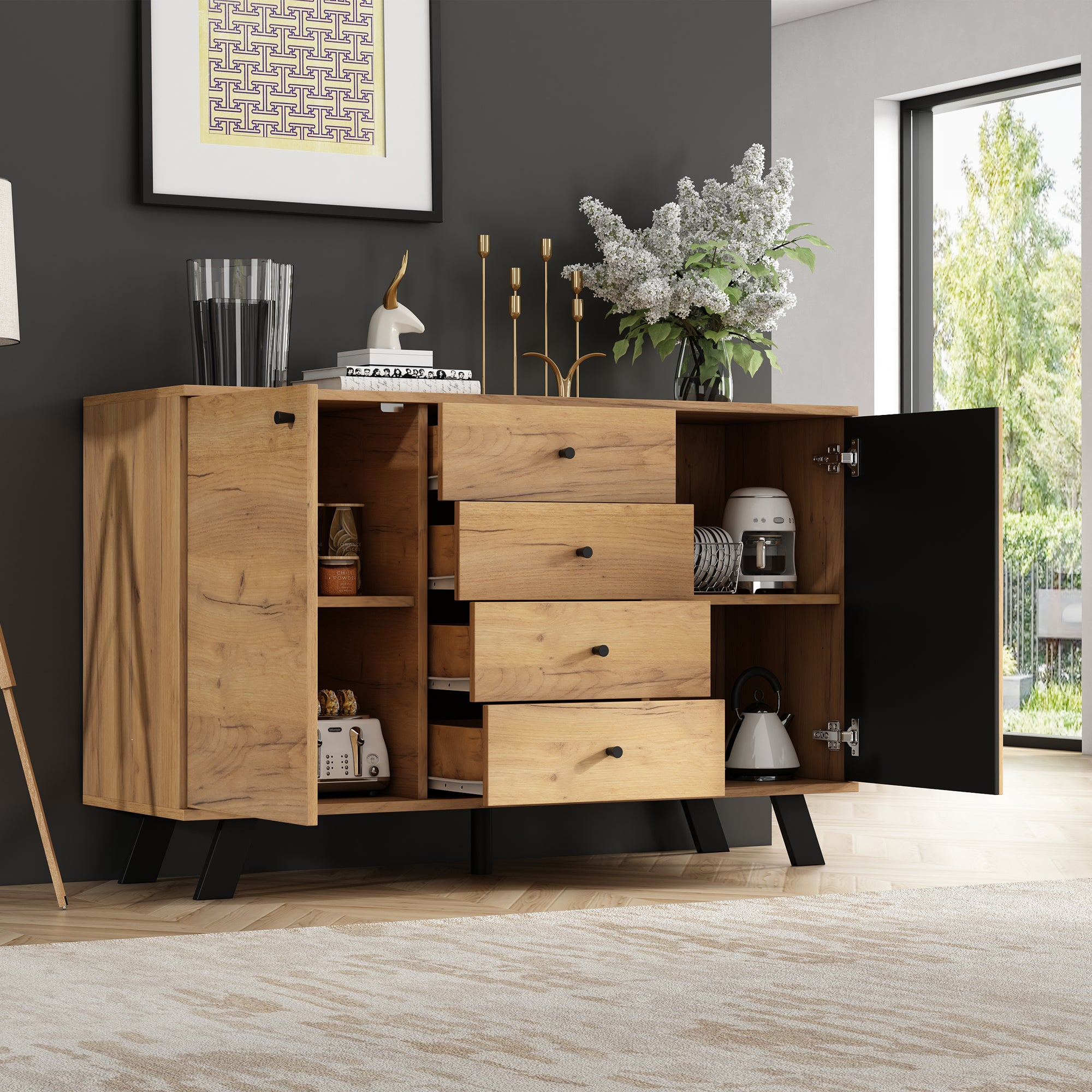 Buffet avec 2 portes et 4 tiroirs - 120 x 38 x 75 cm - MDF + pieds en bois massif - Noir + Naturel - 5