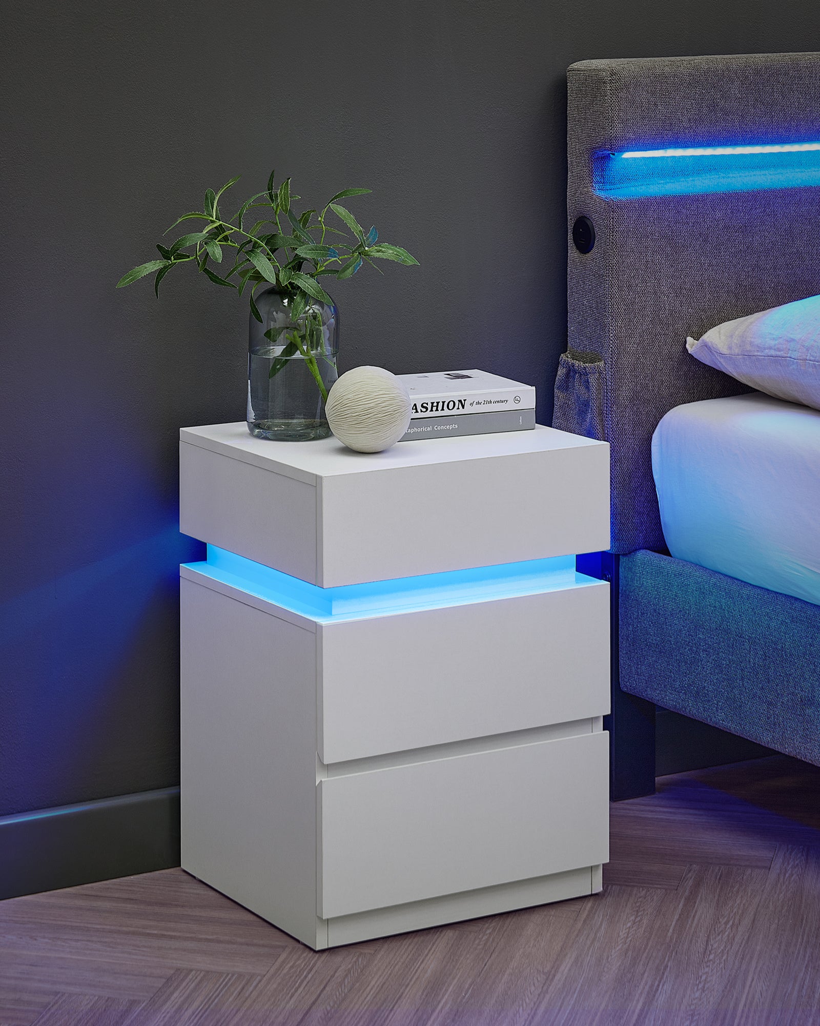 Juego de 2 Mesitas de Noche con Luz LED Multicolor, 3 Cajones, Estilo Moderno, 35 x 40 x 55 cm, Blanco - 2