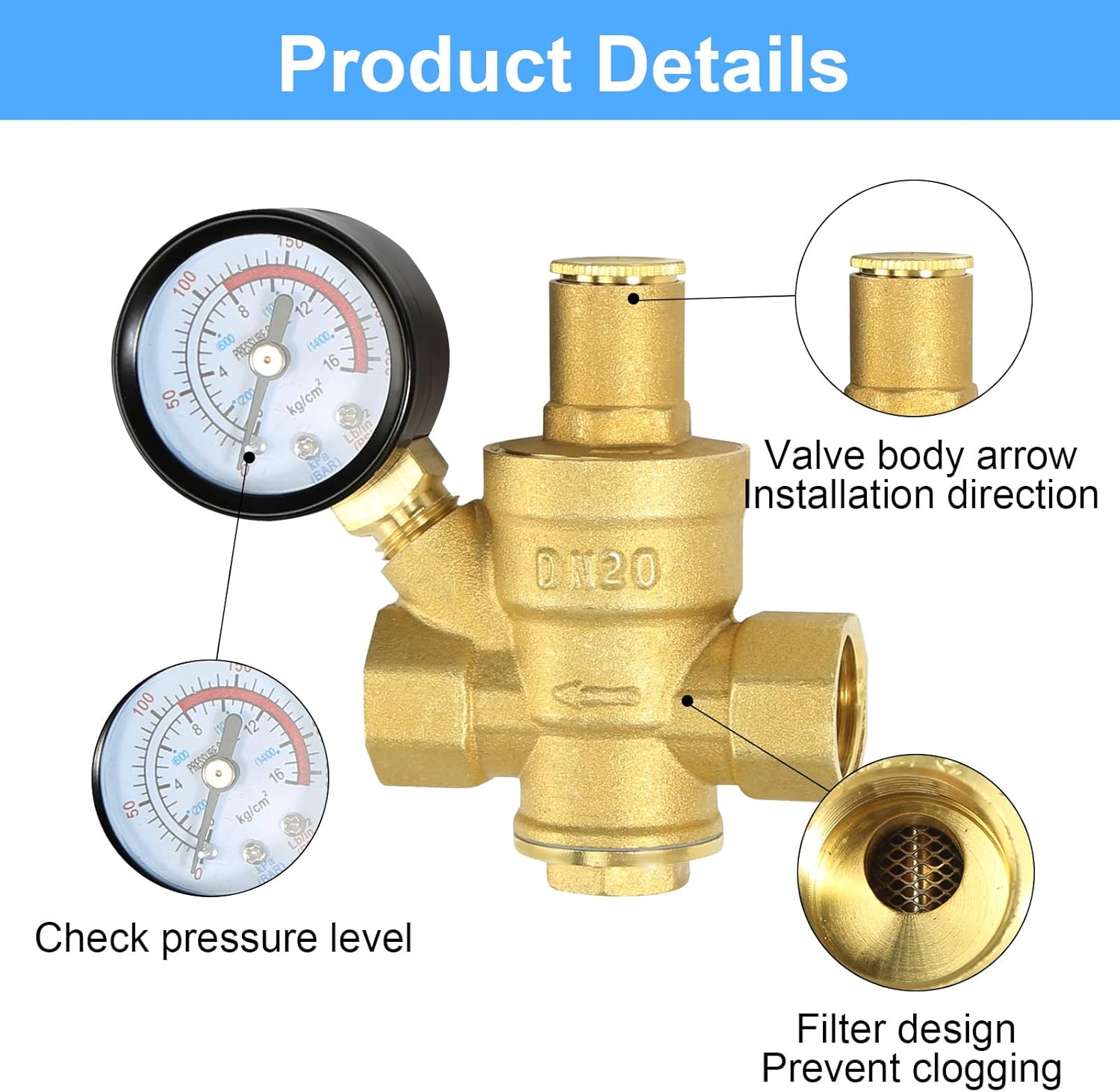 Reducteur de Pression eau DN20 3/4 Pouce Avec Manometre Pression eau, Fabriqué 100% en Laiton de Haute Dureté, Réducteur de Pression d'eau - 3