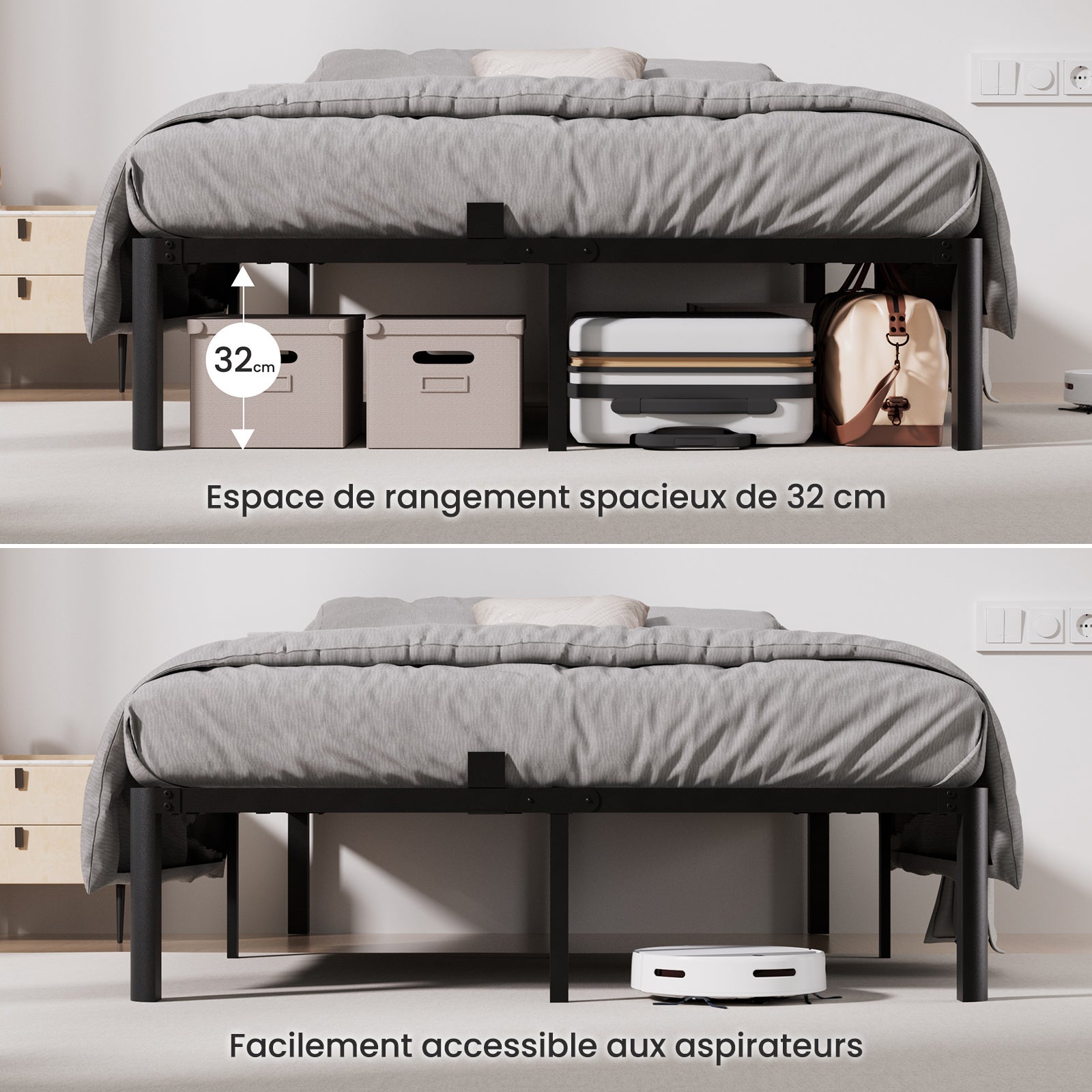 Lit 160x200 cm, Lit double, 500 kg, Rangement 32 cm, métal, Sommier plateforme, Montage facile, Sans bruit, Robuste, tête de lit réglable - 4