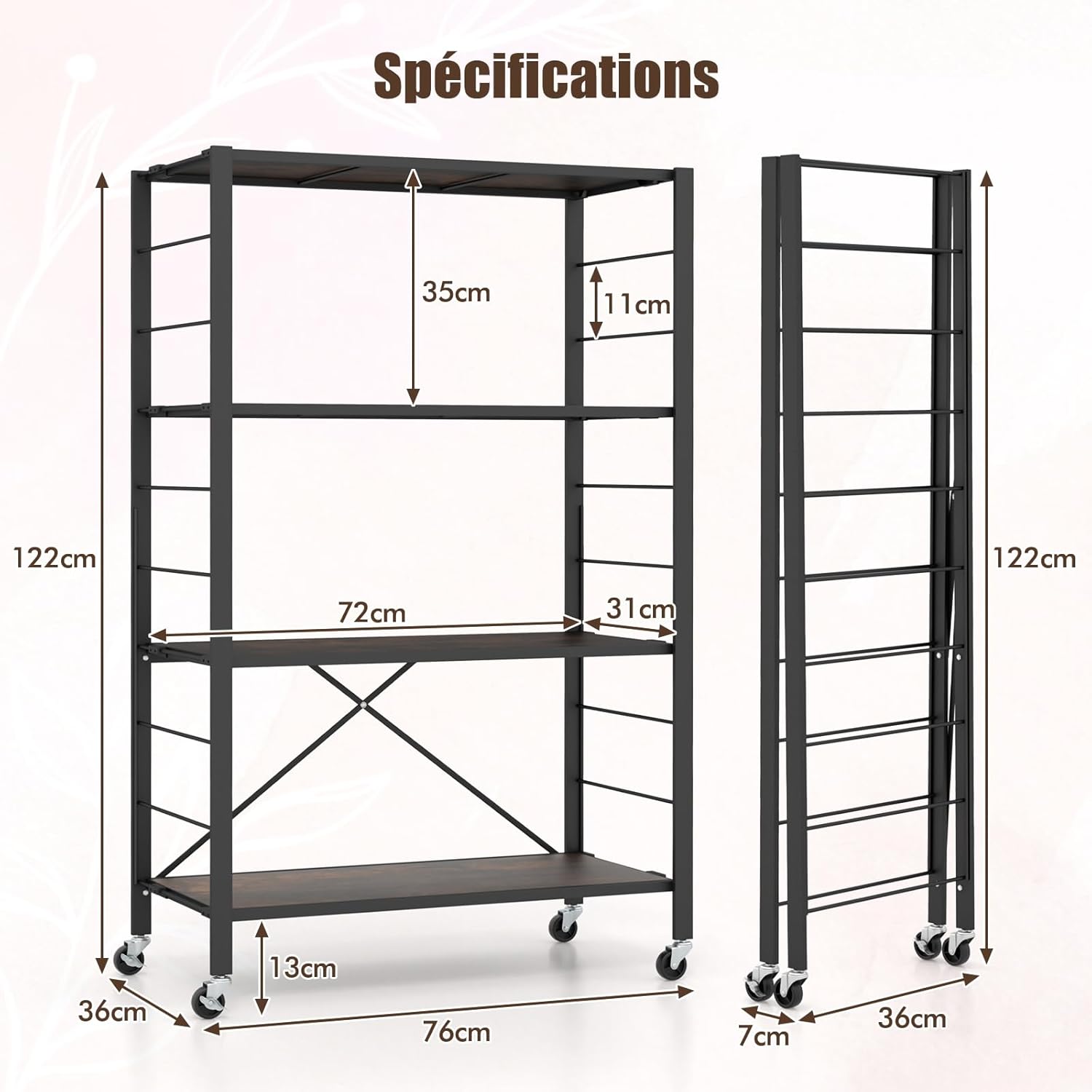 Étagère De Rangement Pliable 5 Niveaux Avec Roues – Métal Noir, Réglable, Pour Garage, Cuisine, Salon