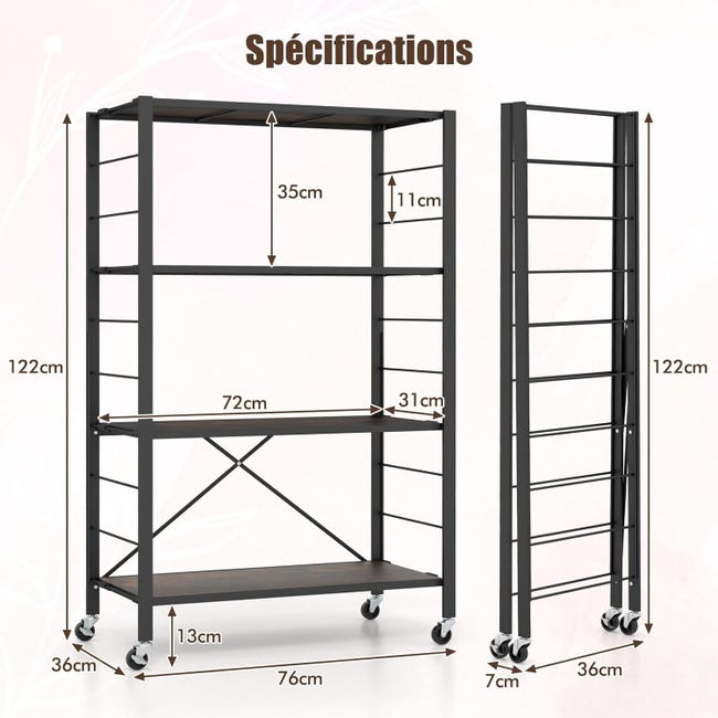 Étagère De Rangement Pliable 5 Niveaux Avec Roues – Métal Noir, Réglable, Pour Garage, Cuisine, Salon