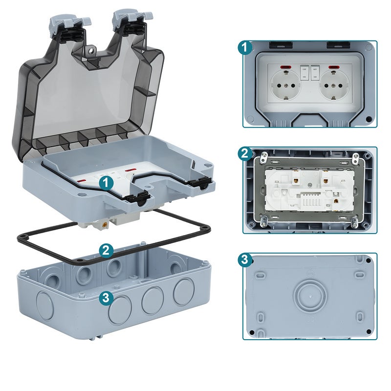 1X Prise Étanche Double Prise Electrique Extérieure IP66 Étanche Prise Murale 16A IP66 avec interrupteur apparent - 4