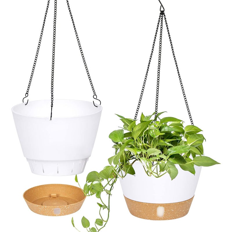 Zestaw 2 sztuk (białe) wiszących doniczek, 25,4 cm średnicy, do użytku wewnątrz i na zewnątrz, wisząca doniczka z otworem drenażowym i 3 haczykami