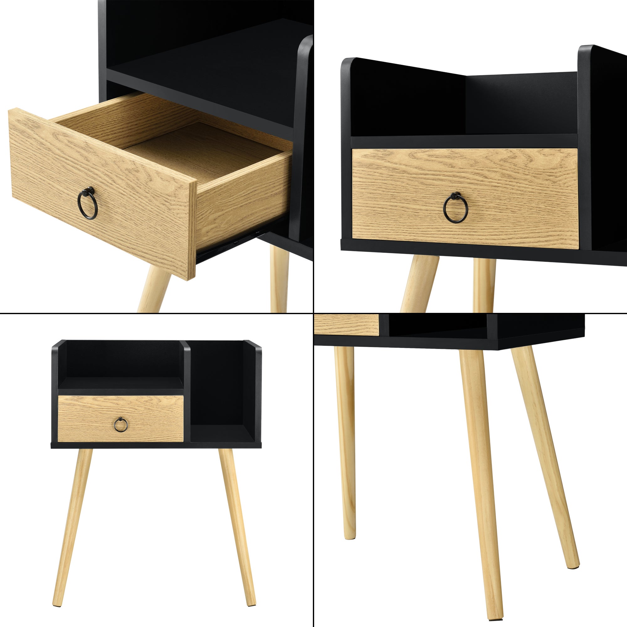 Comodino Gibbston con Cassetto e 2 Scomparti Aperti 64x50x36 cm - Nero/Colore Legno [en.casa] - 6