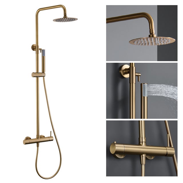 Columna de ducha con grifo monomando | Rociador Redondo acero inox. S.304 Ø20 cm | Extraplano Antical Acabado Oro Cepillado