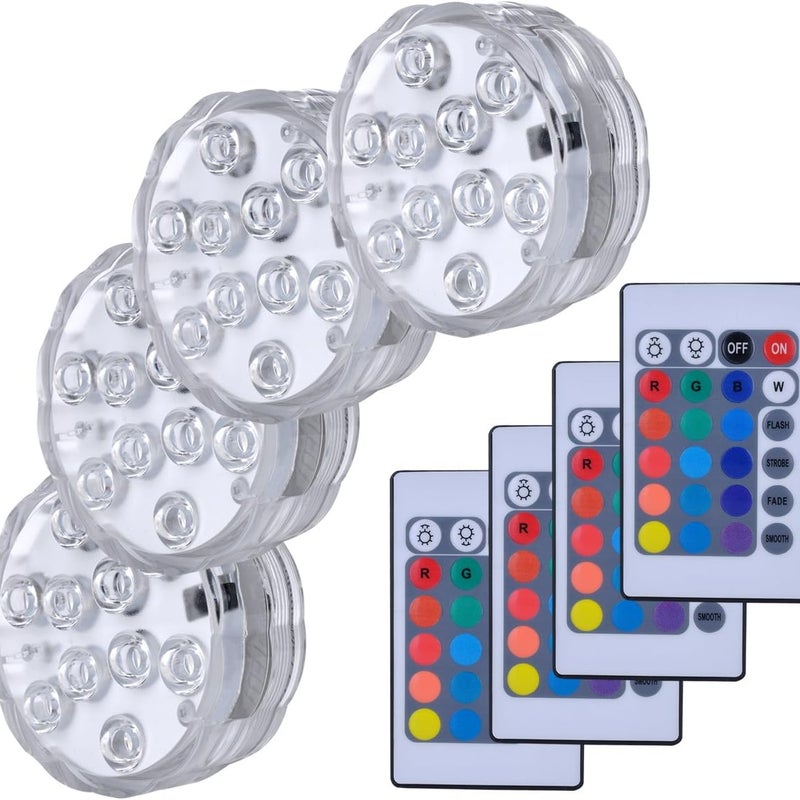 Zestaw 4 wielokolorowych, zanurzalnych lampek LED z pilotem, wodoodpornych (IP68), odpowiednich do basenów, dekoracji i przyjęć.