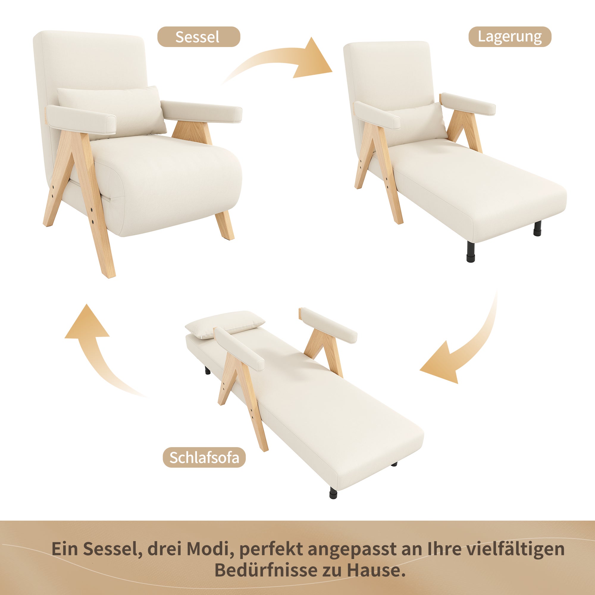 Fauteuil convertible 1 place, Chauffeuse 4-en-1 Dossier Réglable 6 Position, Canapé-Lit - 64 x 60 x 87 cm - Tissu en lin - Beige - 5
