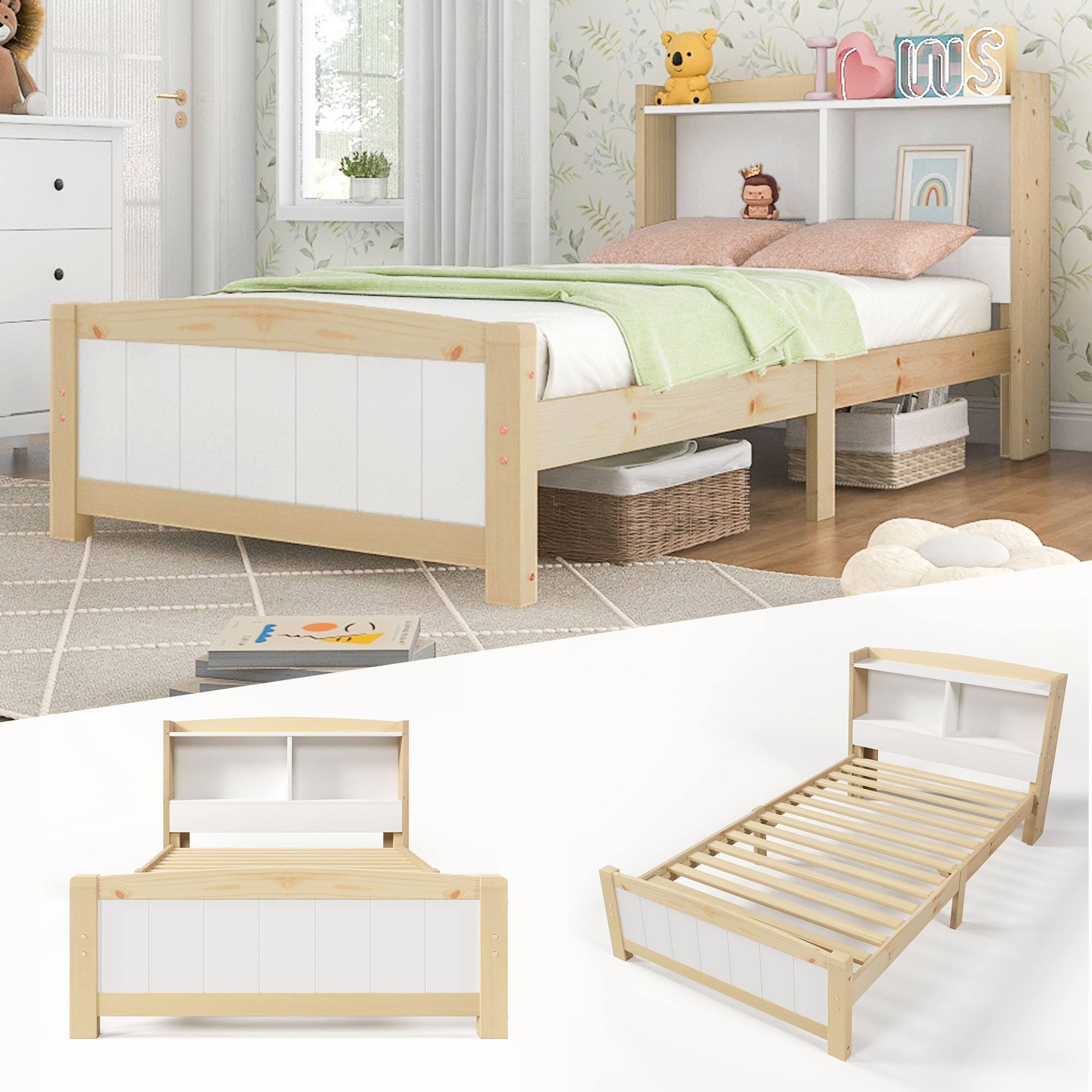 Cama individual de madera maciza con cabecero con canapé
