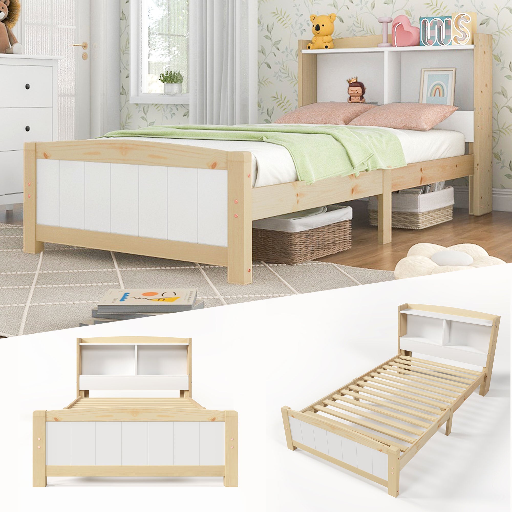 Łóżko dziecięce 90 x 200 cm z zagłówkiem i schowkiem - drewno lite - kolor naturalny + biały