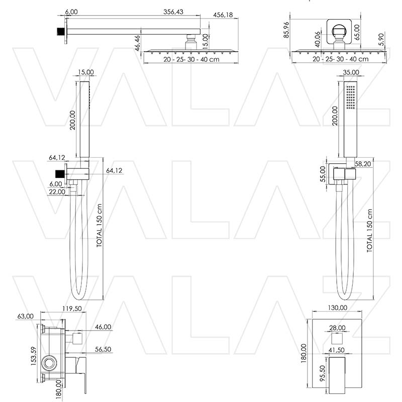 Valaz Miscelatore monocomando doccia incasso a parete quadrato cromato - serie Tajo - 20 cm - 2