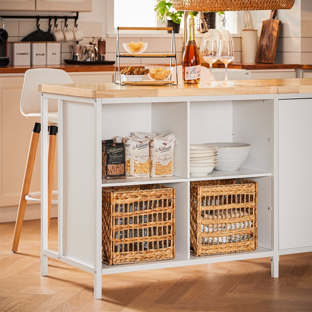 SoBuy îlot Central de Cuisine avec Plan de Travail en Bois d'hévéa,Placard de Cuisine avec 2 Portes, 4 Cubes Compartiments, Blanc, KNL09-WN - 4
