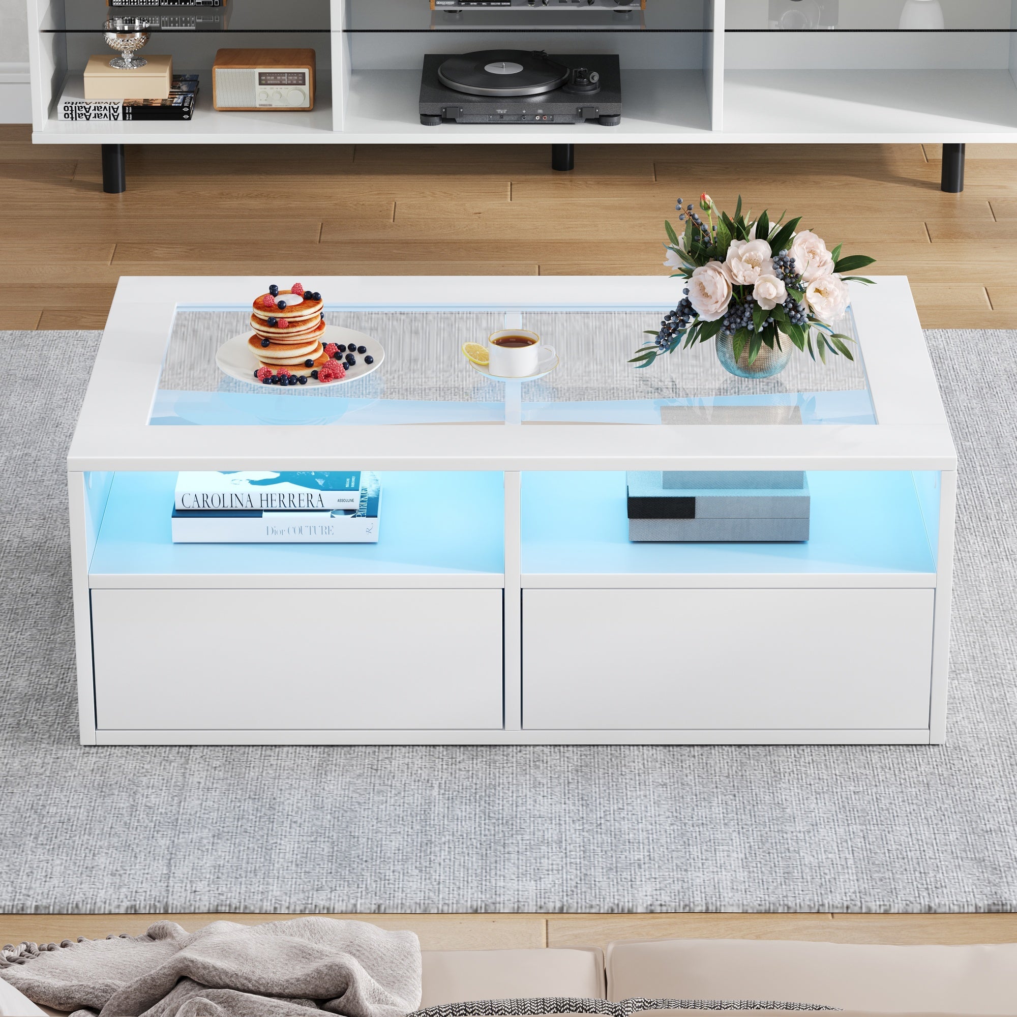 Stolik kawowy z 2 szufladami i 2 otwartymi przegródkami - 100 x 50 x 35 cm - Diody LED - Płyta wiórowa i szklany blat - Kolor biały - 3