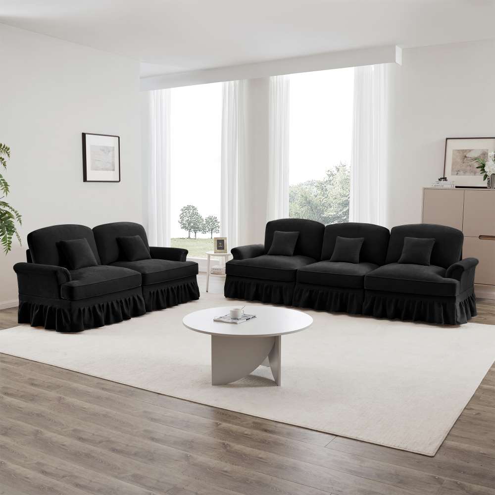 Modułowa sofa 2- i 3-osobowa z aksamitu, ze zdejmowanym fartuchem, zwężanymi podłokietnikami i zwężanymi nogami – wygodna i uniwersalna do salonu