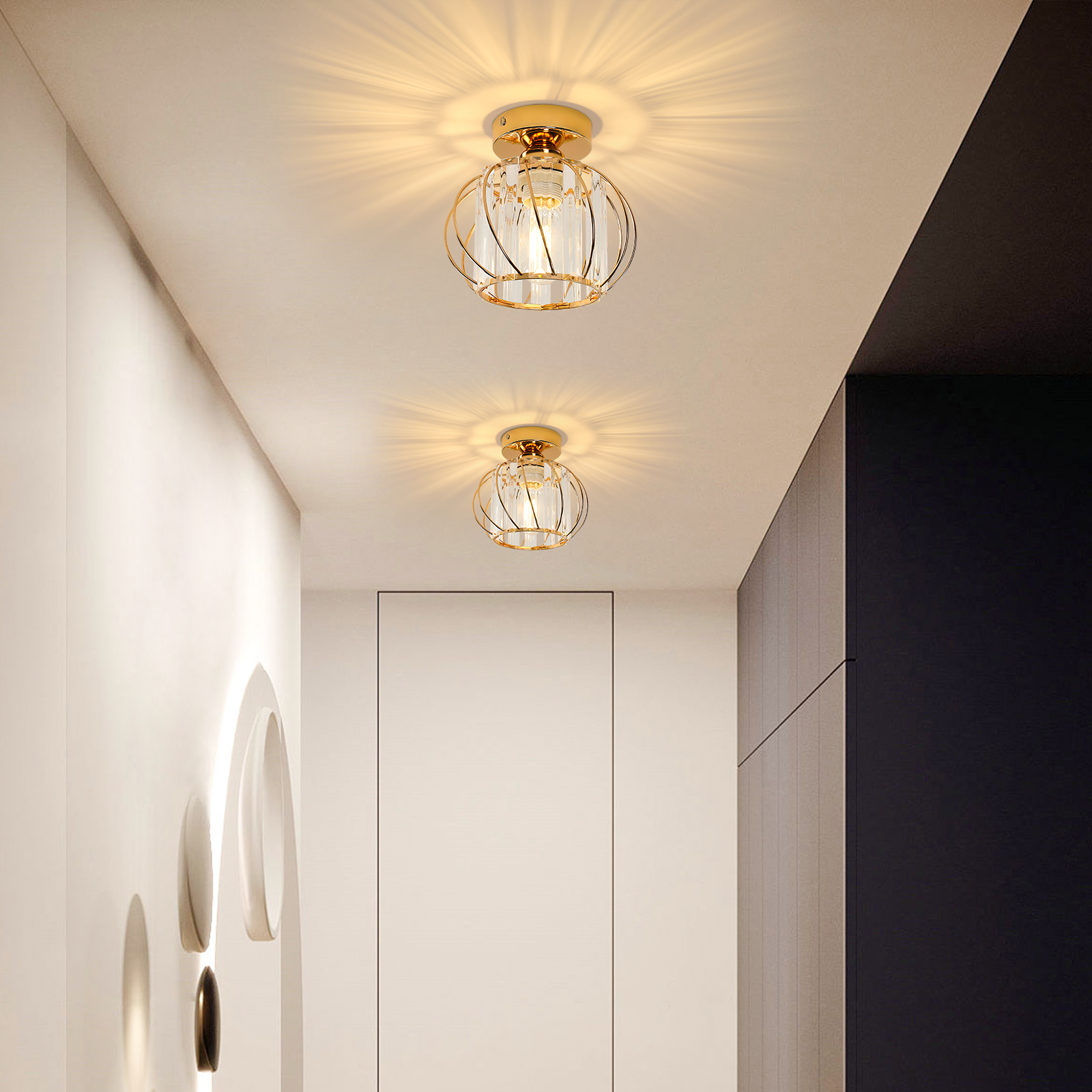 GOECO Plafonnier Cristal Doré en Métal, Luminaire Plafond E27 Rond Ø19cm pour Salon Chambre Couloir Intérieur - 5