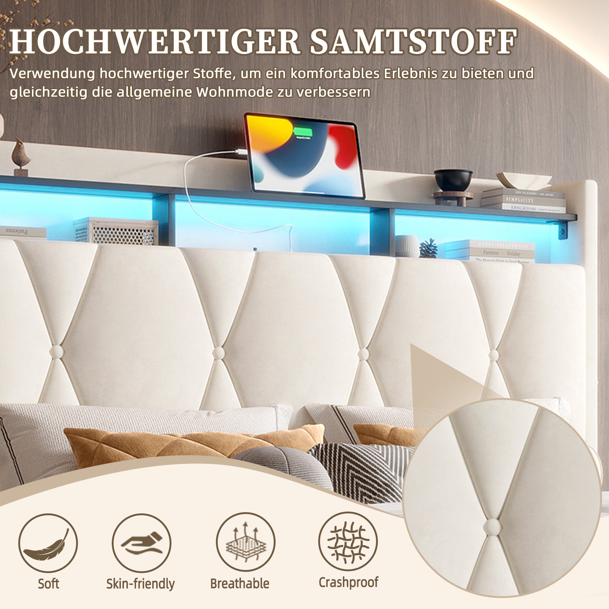 Lit coffre 140x200 cm avec LED, ports USB-C, tête de lit avec rangements, ouverture hydraulique, sans matelas, beige - 5