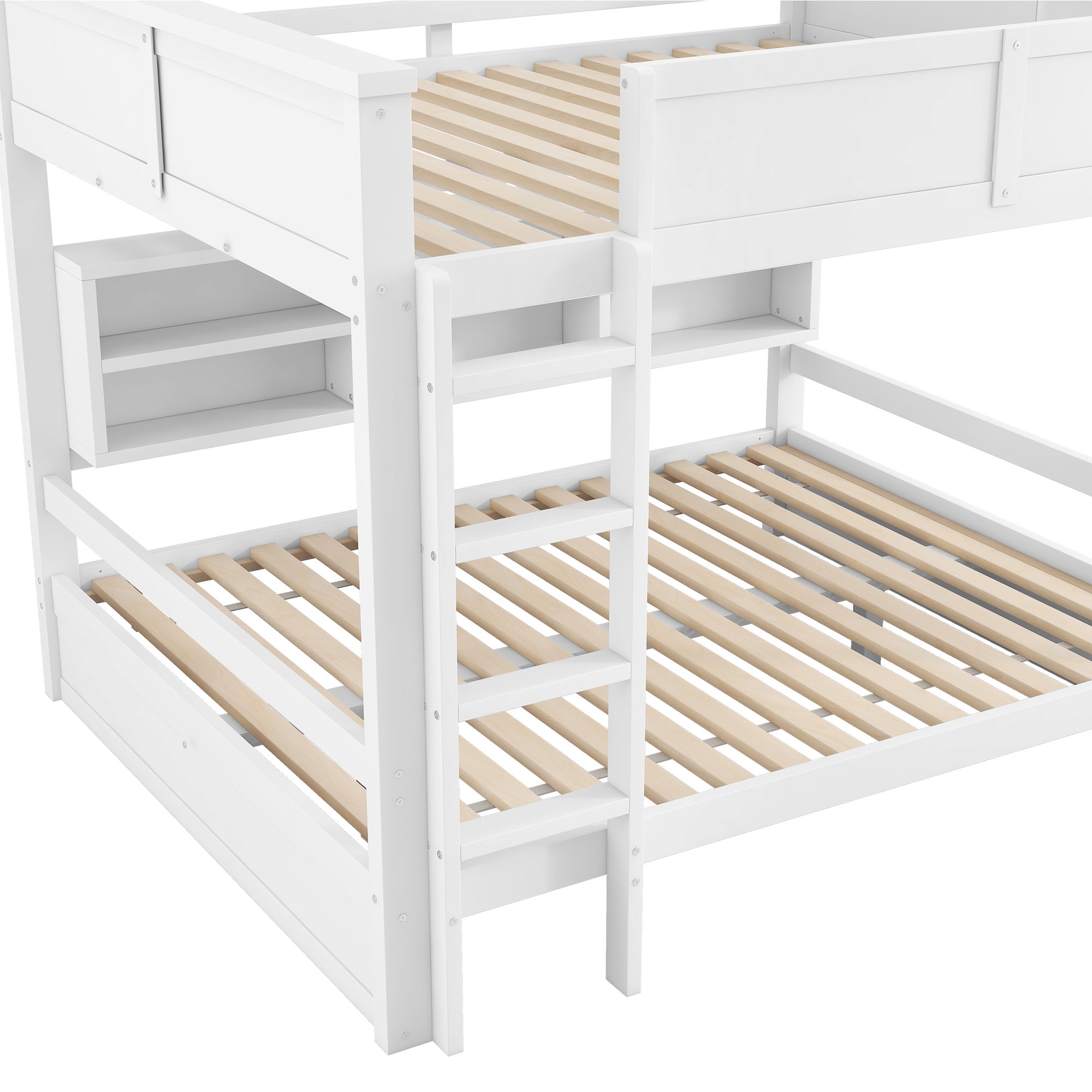 Lits superposés 2 x 160 x 200 cm avec 6 compartiments - Pin + MDF - LEDs - Sommier à lattes inclus - Blanc (Sans matelas) - 9