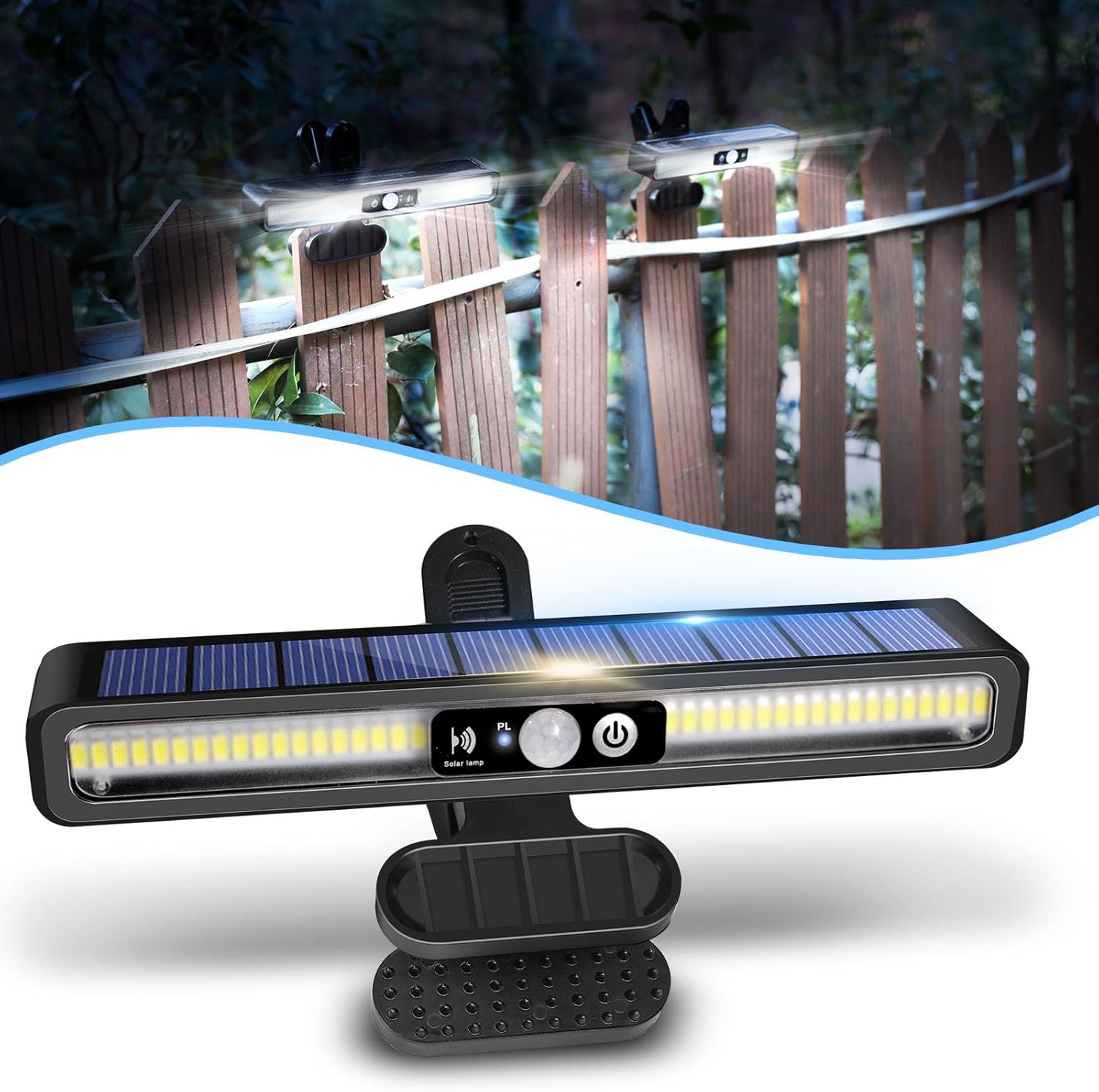 Zestaw 1 wodoodpornej lampki solarnej z klipsem i czujnikiem ruchu, 36 diod LED, 6000 K, do montażu na ogrodzeniu, w garażu i na kempingu.