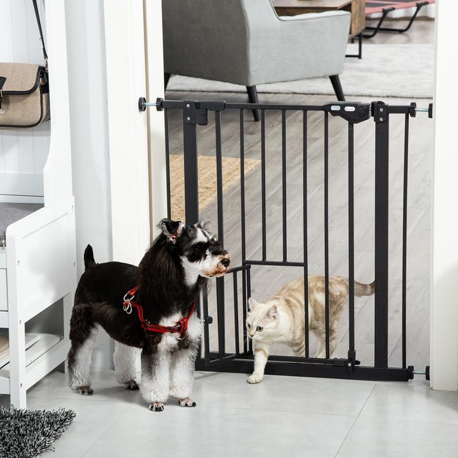 Barrera De Seguridad Para Perros Extensible 74-80 Cm - Con Puerta Para Gatos, Cierre Automático, Blanco