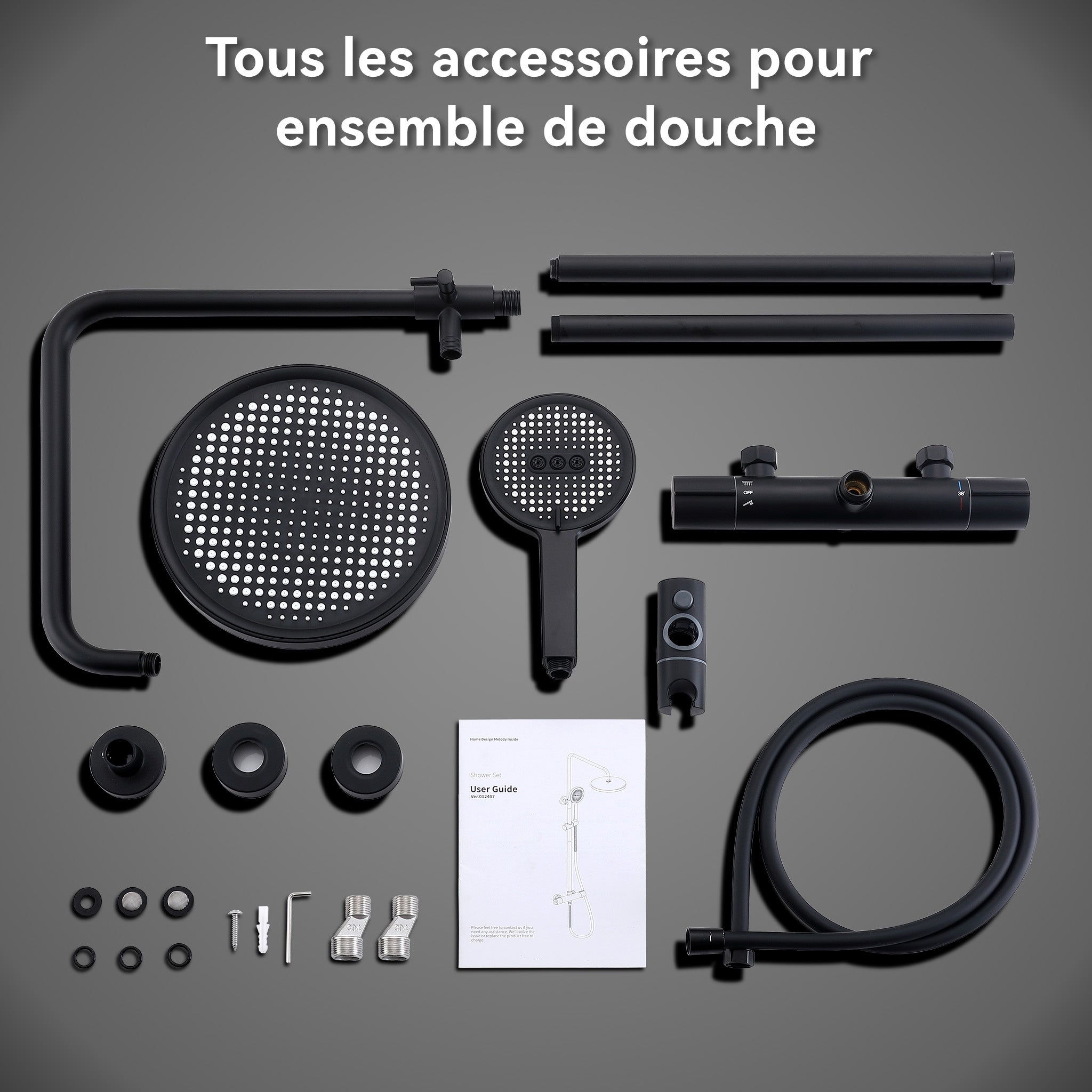 Coluna de chuveiro termostática, conjunto de chuveiro preto com 3 jatos, kit de chuveiro de mão com altura ajustável - 9