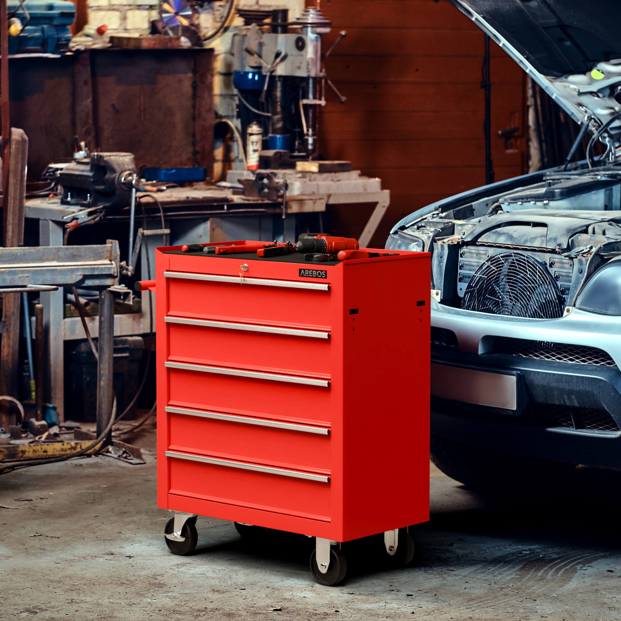 AREBOS Chariot à outils AREBOS avec 5 tiroirs, système de verrouillage central, roues pivotantes freinables, plan de travail résistant aux rayures - 8